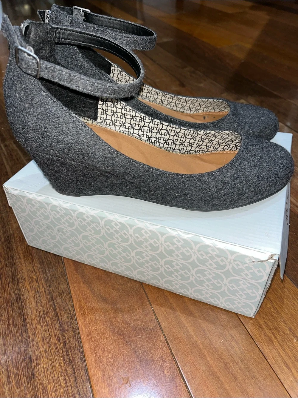 Daisy Fuentes Gray Felt Ankle-Strap Wedges with Round Toe